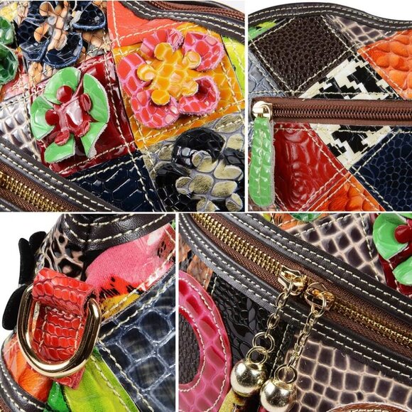 Women’s Multicolor Floral Crossbody Bag Cowhide Leather Handbag Colorful Purses - Picture 7 of 7